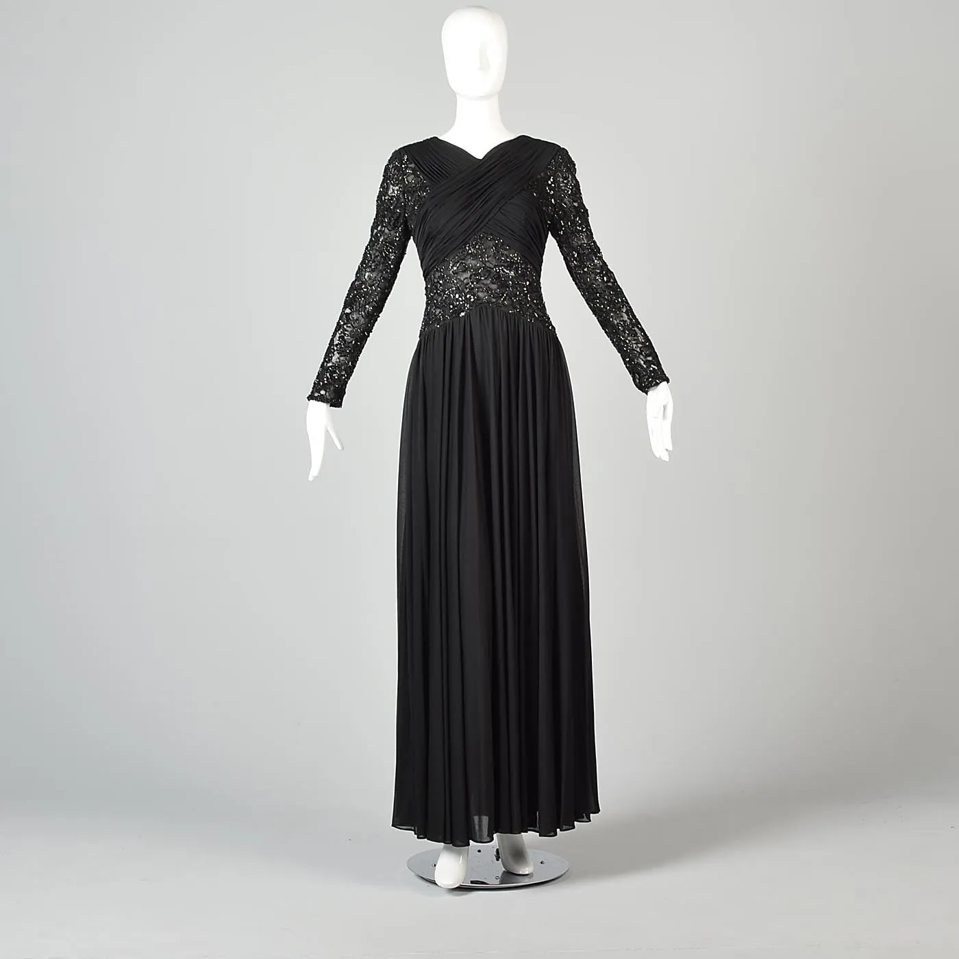 1970s Victoria Royal Black Dress with Sheer Beaded Panels