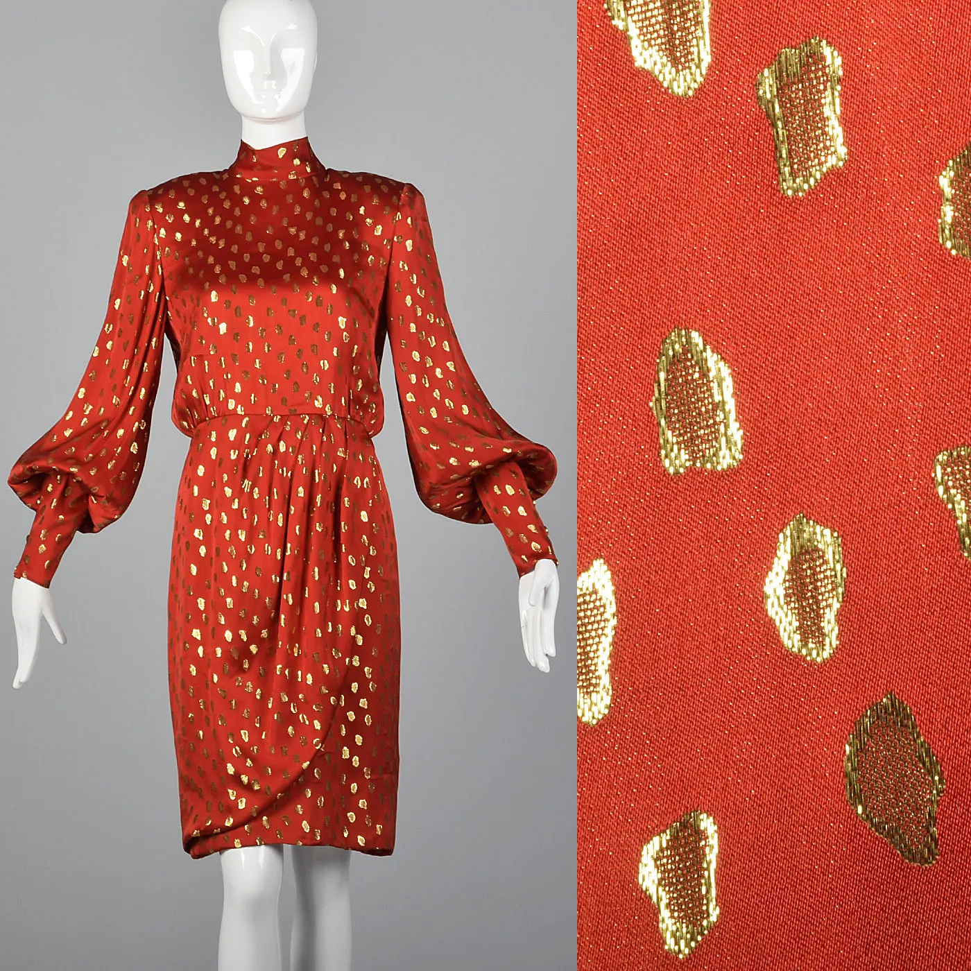 1980s Guy Laroche Red Silk Pencil Dress with Metallic Gold Design