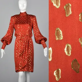1980s Guy Laroche Red Silk Pencil Dress with Metallic Gold Design