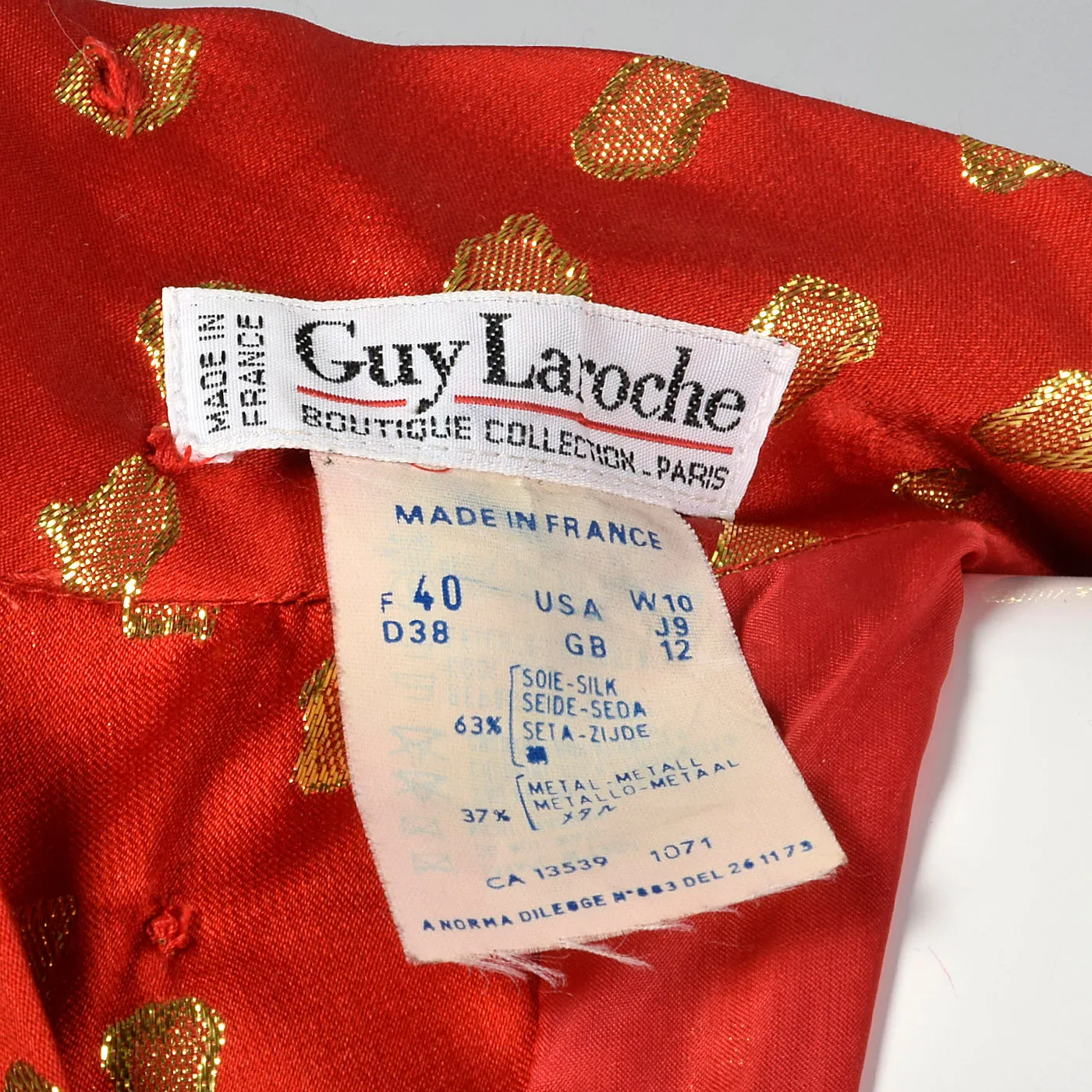 1980s Guy Laroche Red Silk Pencil Dress with Metallic Gold Design