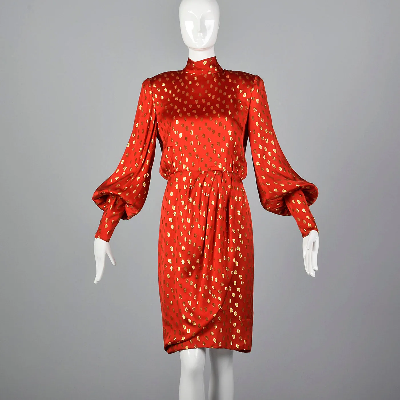 1980s Guy Laroche Red Silk Pencil Dress with Metallic Gold Design