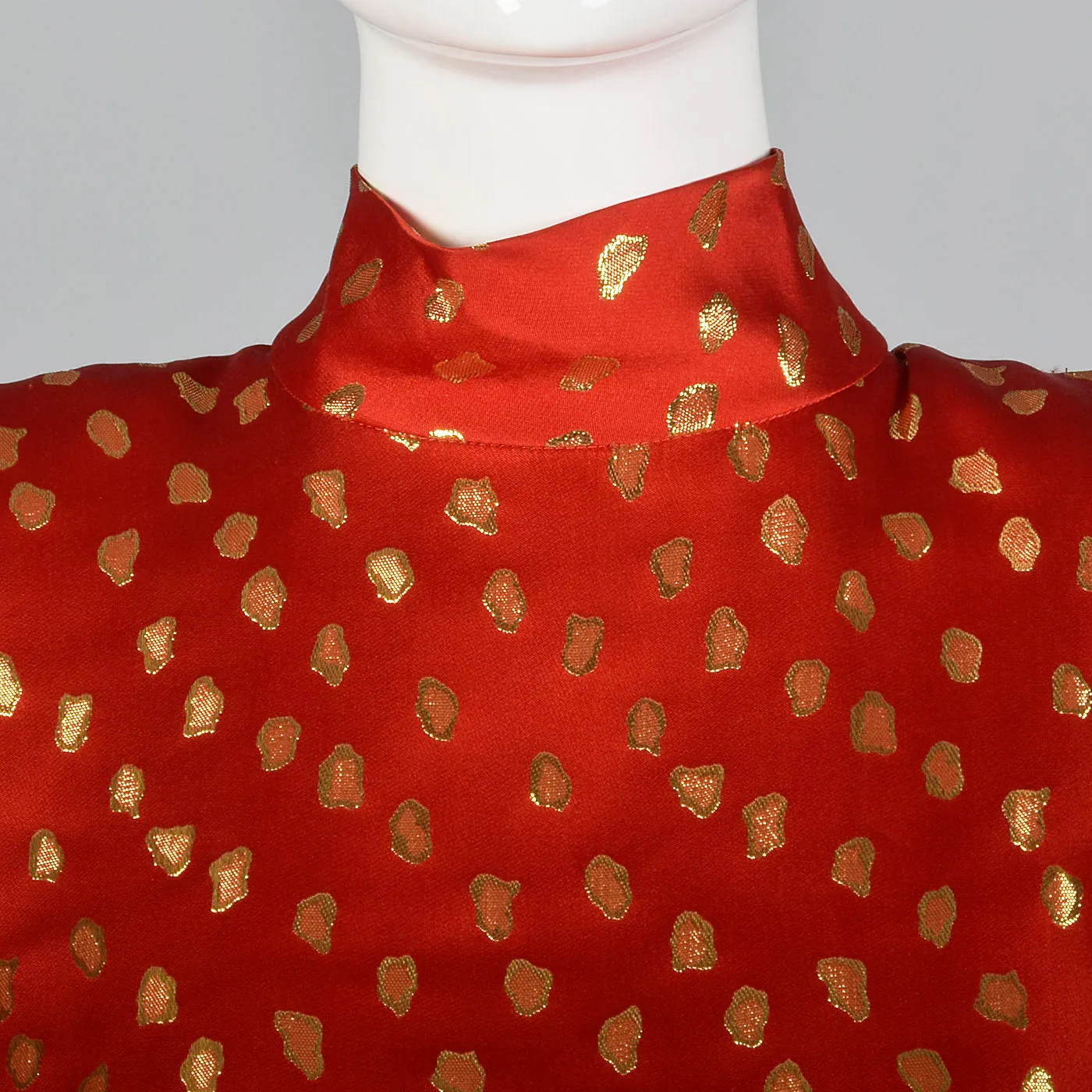 1980s Guy Laroche Red Silk Pencil Dress with Metallic Gold Design