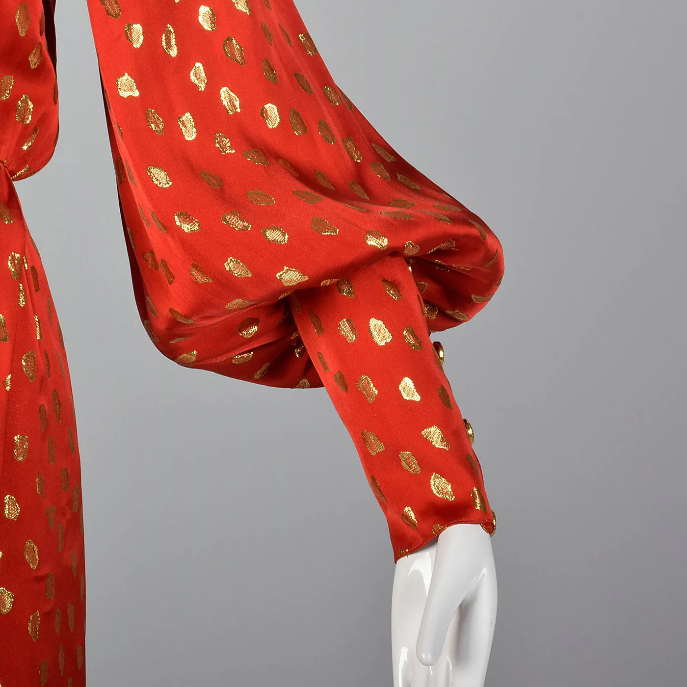 1980s Guy Laroche Red Silk Pencil Dress with Metallic Gold Design