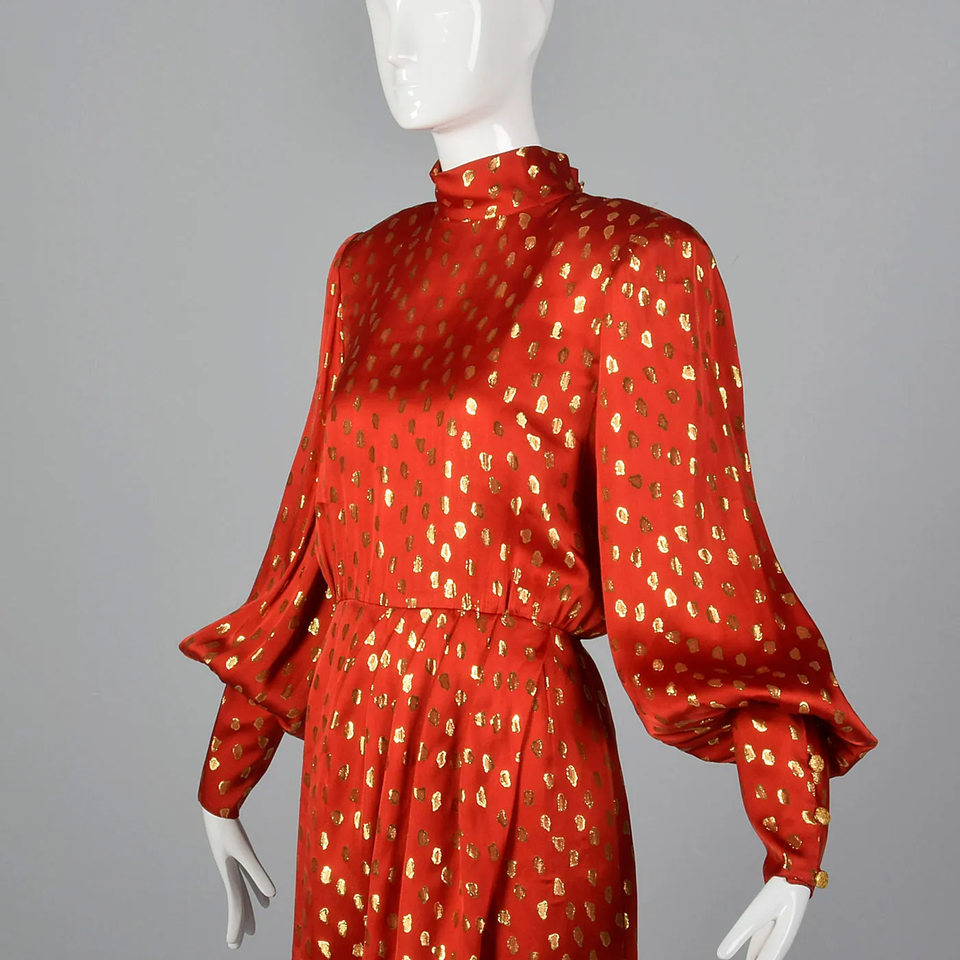 1980s Guy Laroche Red Silk Pencil Dress with Metallic Gold Design