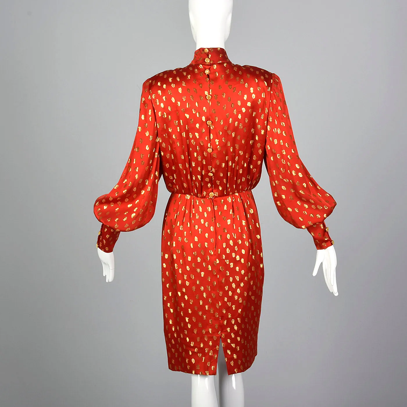 1980s Guy Laroche Red Silk Pencil Dress with Metallic Gold Design