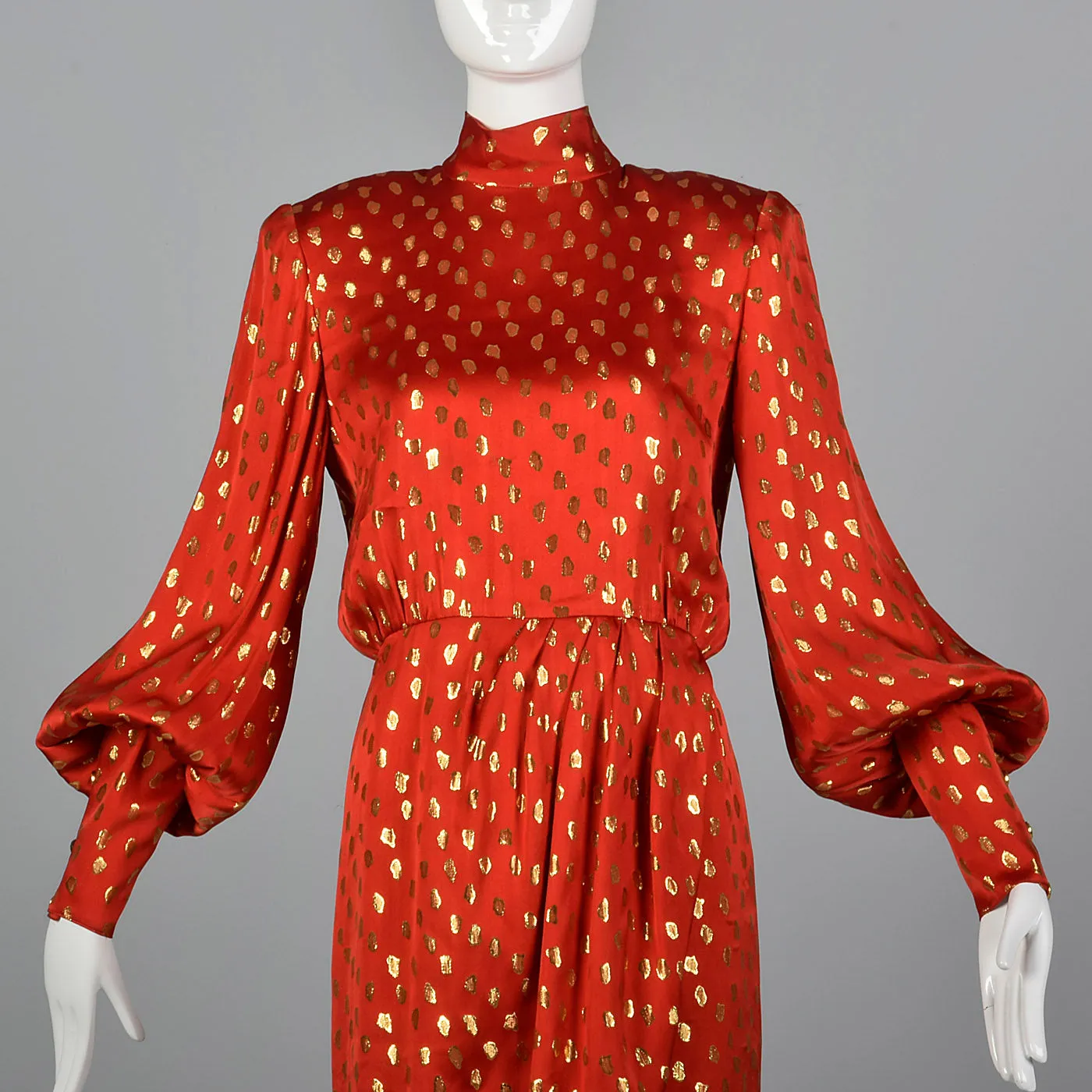1980s Guy Laroche Red Silk Pencil Dress with Metallic Gold Design