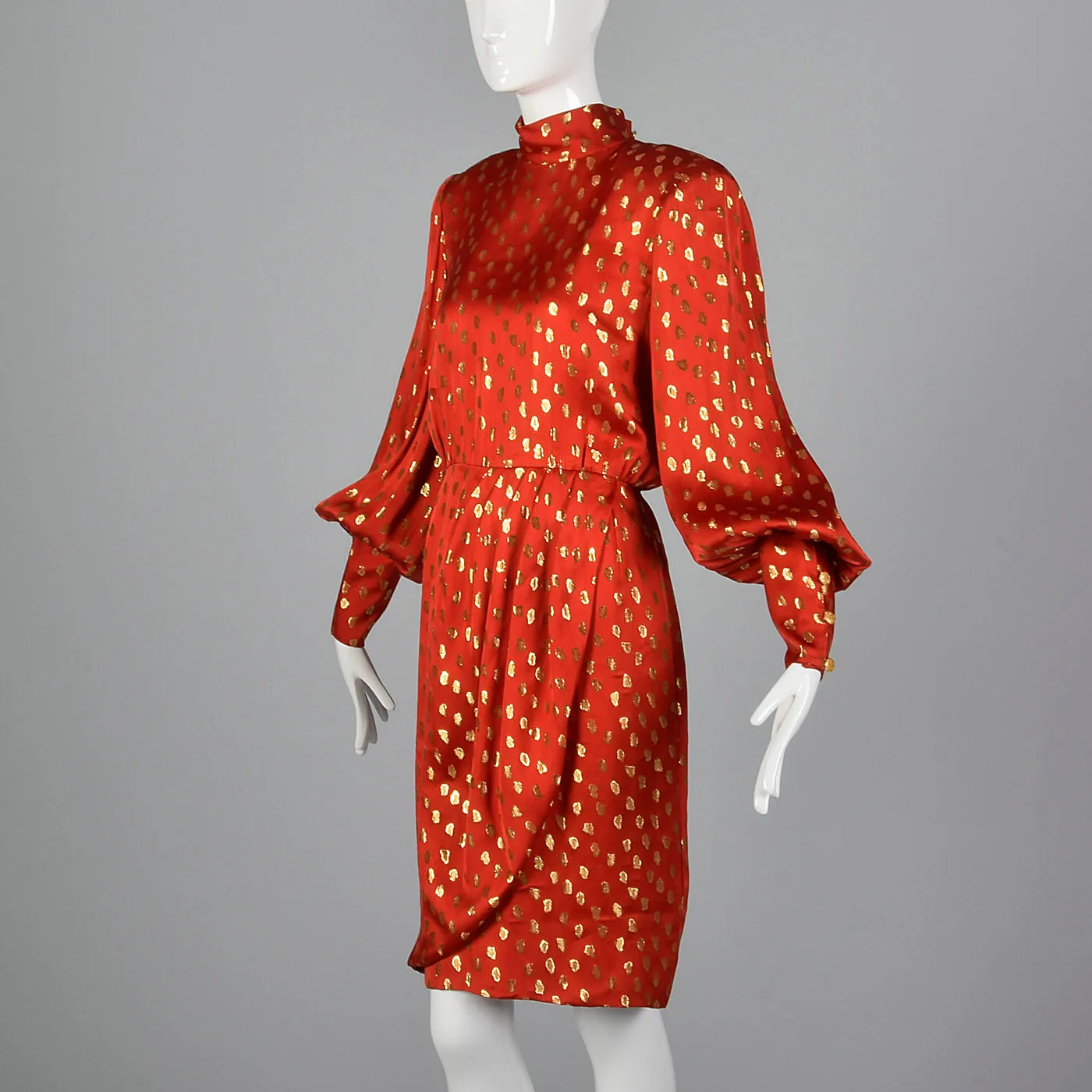 1980s Guy Laroche Red Silk Pencil Dress with Metallic Gold Design