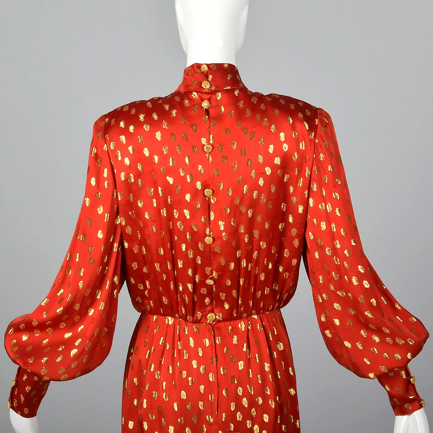1980s Guy Laroche Red Silk Pencil Dress with Metallic Gold Design