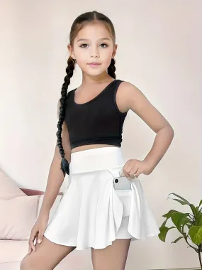 2-in-1 Tween Girls Flared Sports Skirt - High Stretch, Quick Dry, Solid Color, Pocketed, Knit Polyester Fabric - Perfect for Active Outdoor Play in Spring and Fall