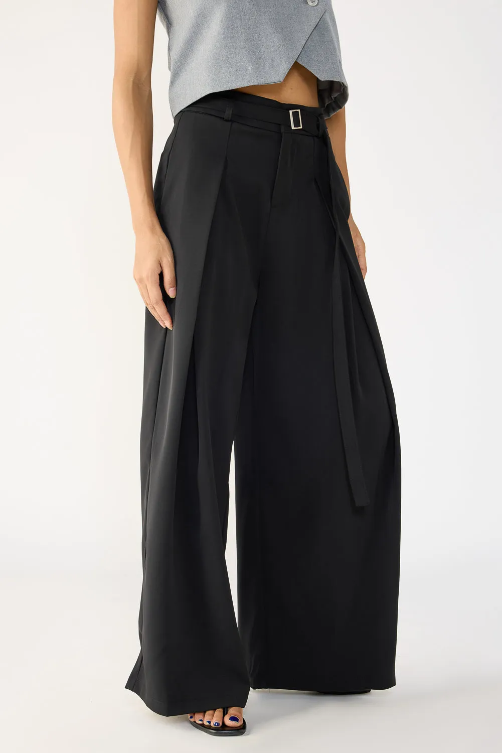Black Belted Flared Korean Pants