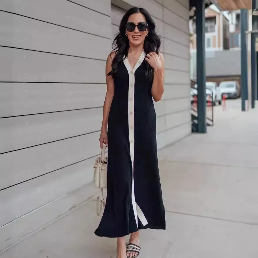 Black Friday Joskaa V Neck Sleeveless Single Breasted Ribbed Knitted Dress Women Bodycon Long Dress Contrast Color Cardigan Sexy Summer Dress