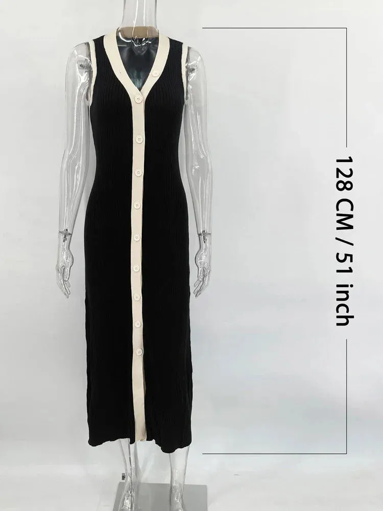 Black Friday Joskaa V Neck Sleeveless Single Breasted Ribbed Knitted Dress Women Bodycon Long Dress Contrast Color Cardigan Sexy Summer Dress