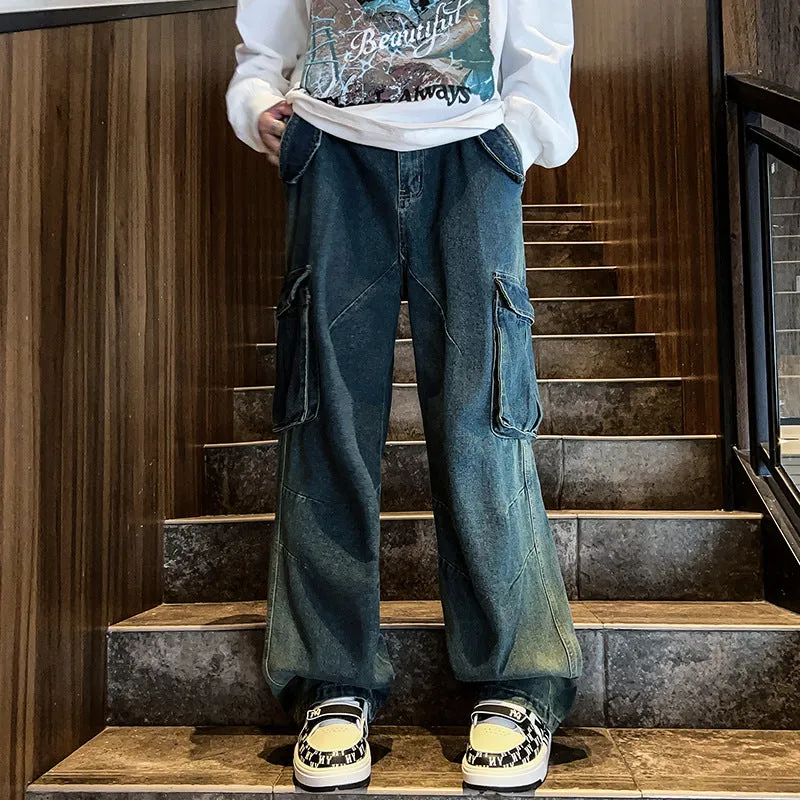 Bonsir 90s fashion men Autumn and Winter New American-Style Multi-Pocket Workwear Jeans Men's Ins Wide-Leg Pants Cargo Jeans Men