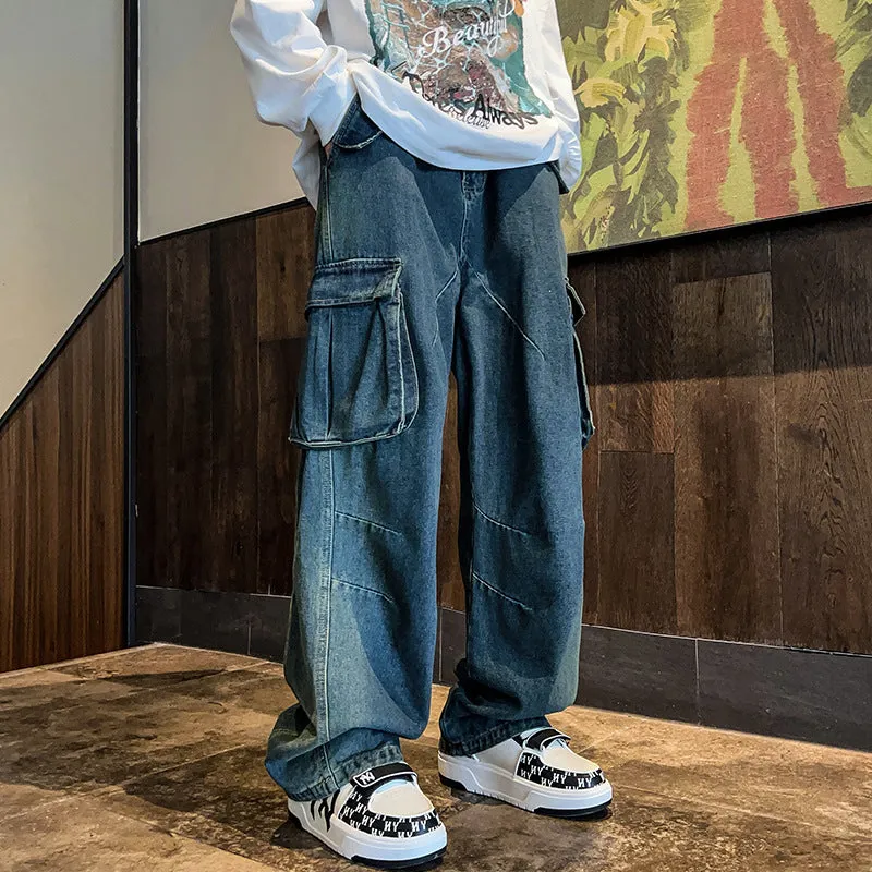 Bonsir 90s fashion men Autumn and Winter New American-Style Multi-Pocket Workwear Jeans Men's Ins Wide-Leg Pants Cargo Jeans Men