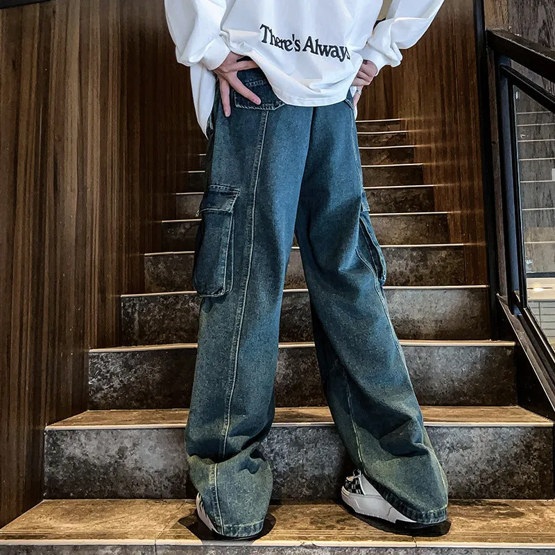 Bonsir 90s fashion men Autumn and Winter New American-Style Multi-Pocket Workwear Jeans Men's Ins Wide-Leg Pants Cargo Jeans Men