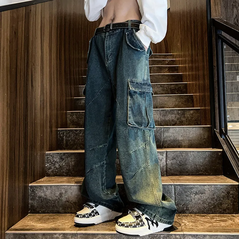Bonsir 90s fashion men Autumn and Winter New American-Style Multi-Pocket Workwear Jeans Men's Ins Wide-Leg Pants Cargo Jeans Men