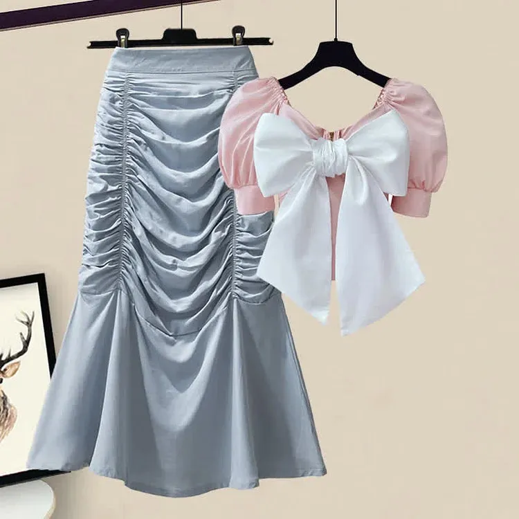 Chic Bowknot Puff Sleeve T-Shirt High Waist Ruffle Skirt