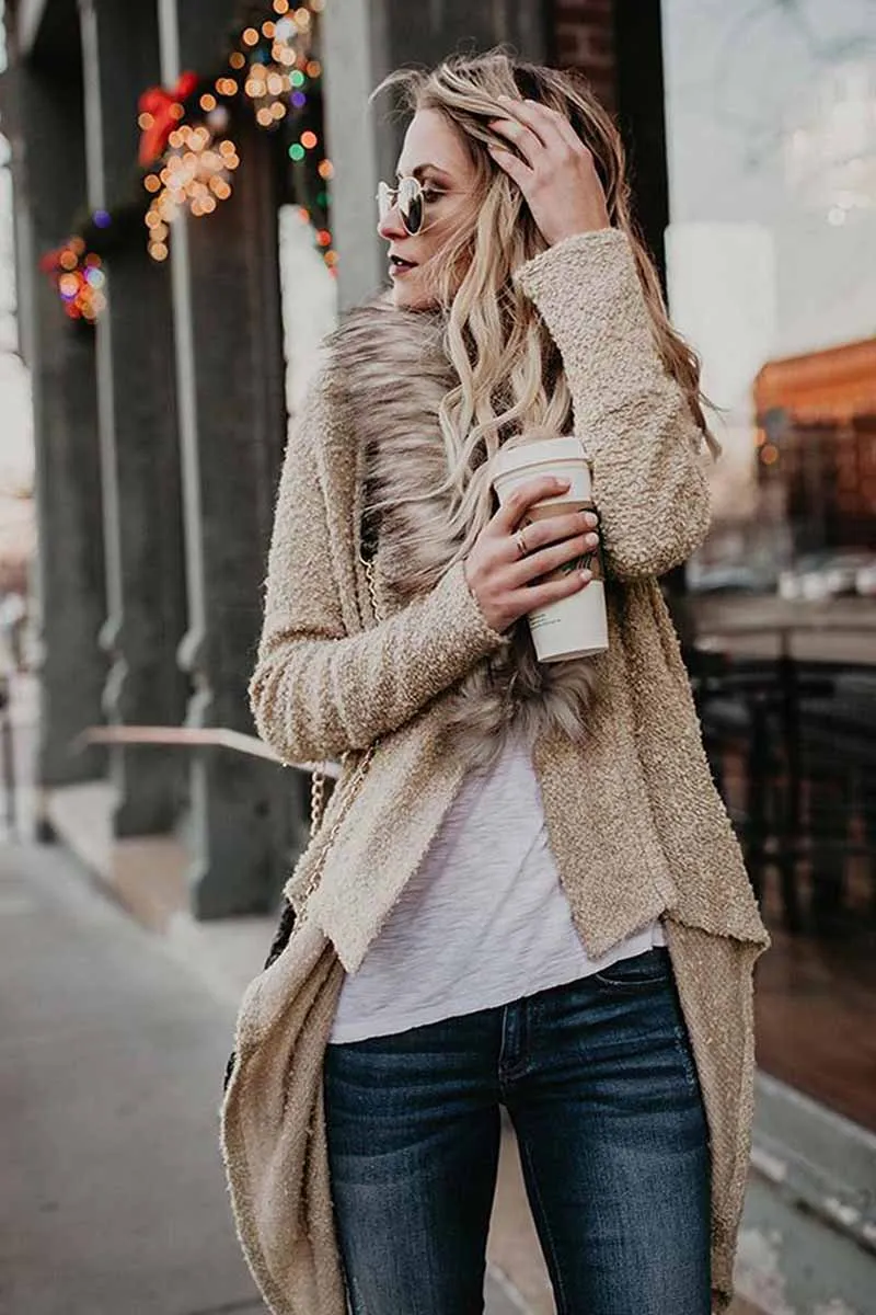 Chicindress Casual Fur Collar Cardigan Plush Trench Coat