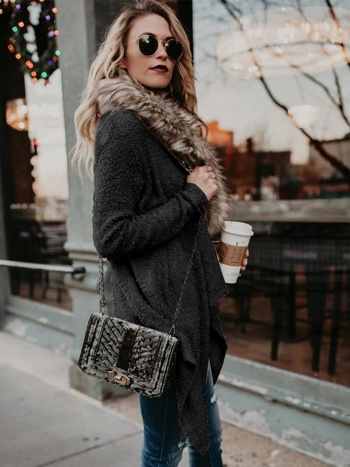Chicindress Casual Fur Collar Cardigan Plush Trench Coat