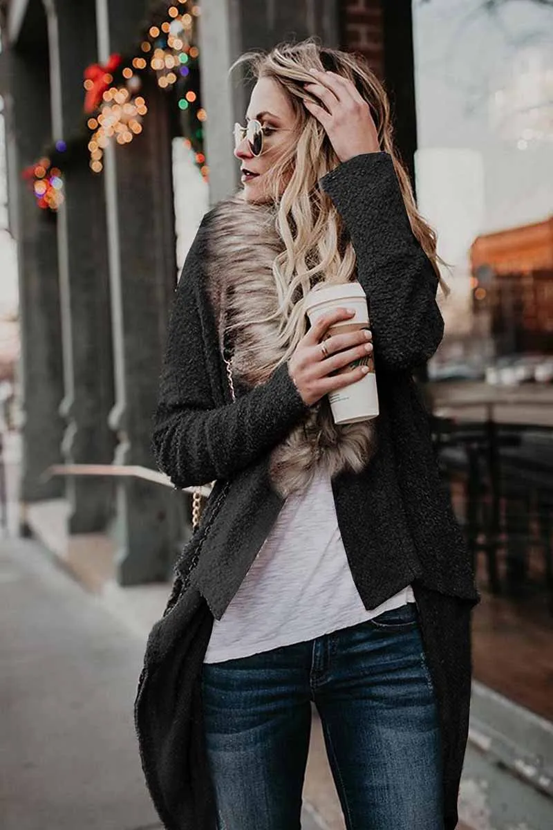 Chicindress Casual Fur Collar Cardigan Plush Trench Coat