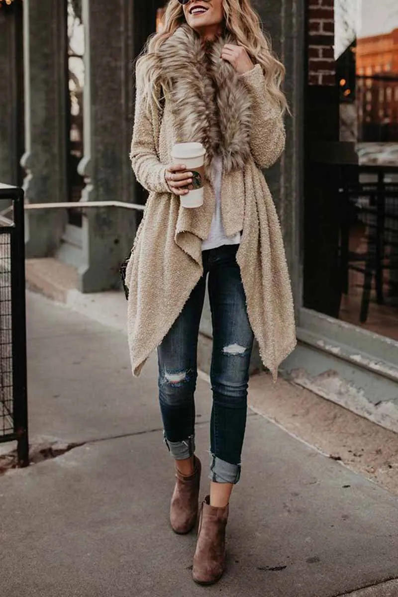 Chicindress Casual Fur Collar Cardigan Plush Trench Coat