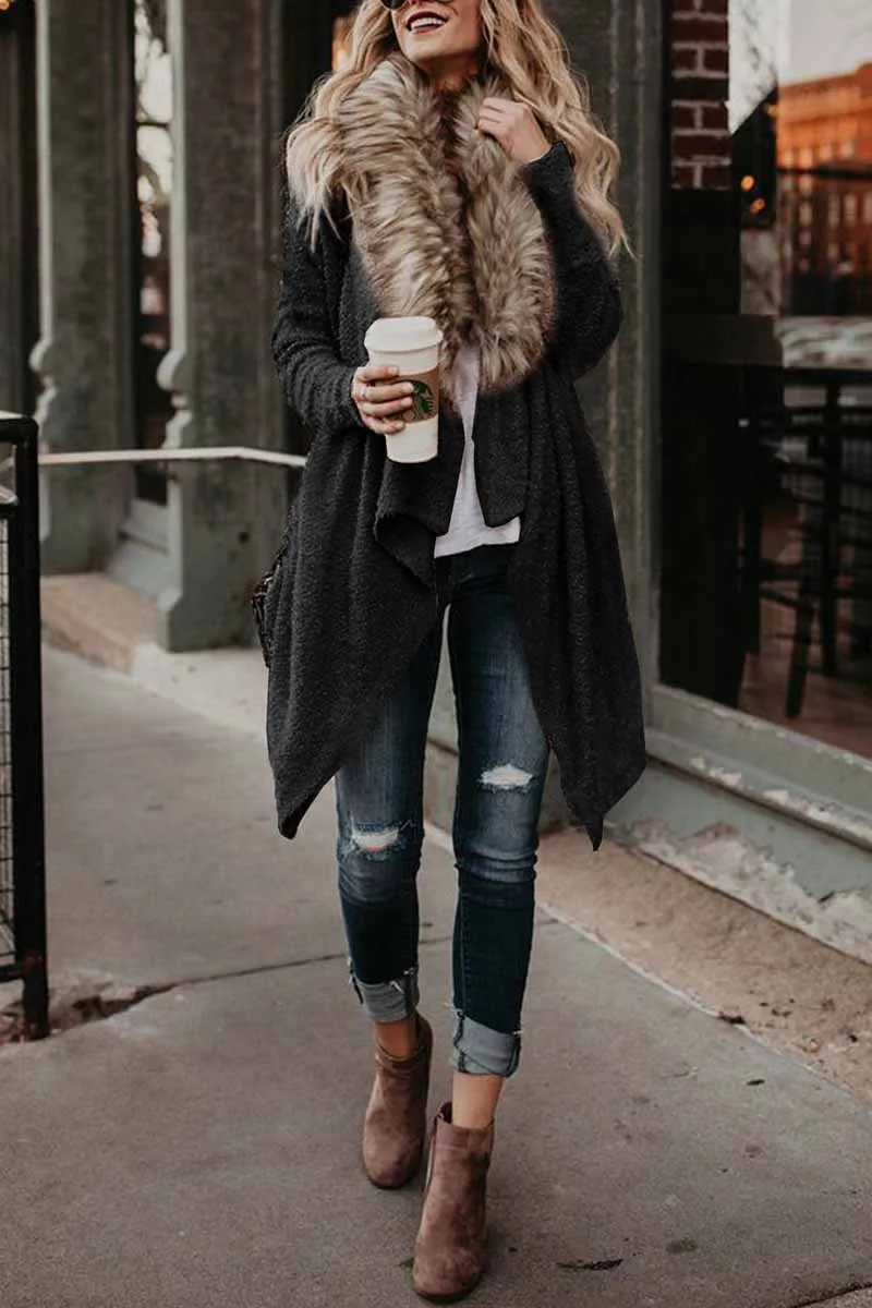 Chicindress Casual Fur Collar Cardigan Plush Trench Coat