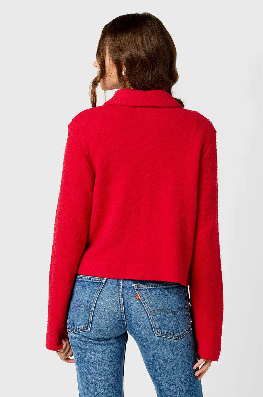 COLLARED CARDI IN RED BOUCLé