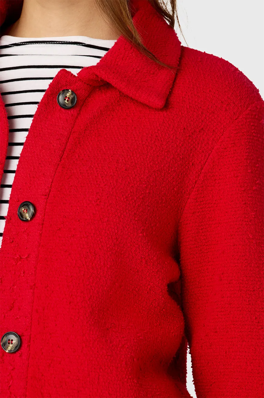 COLLARED CARDI IN RED BOUCLé