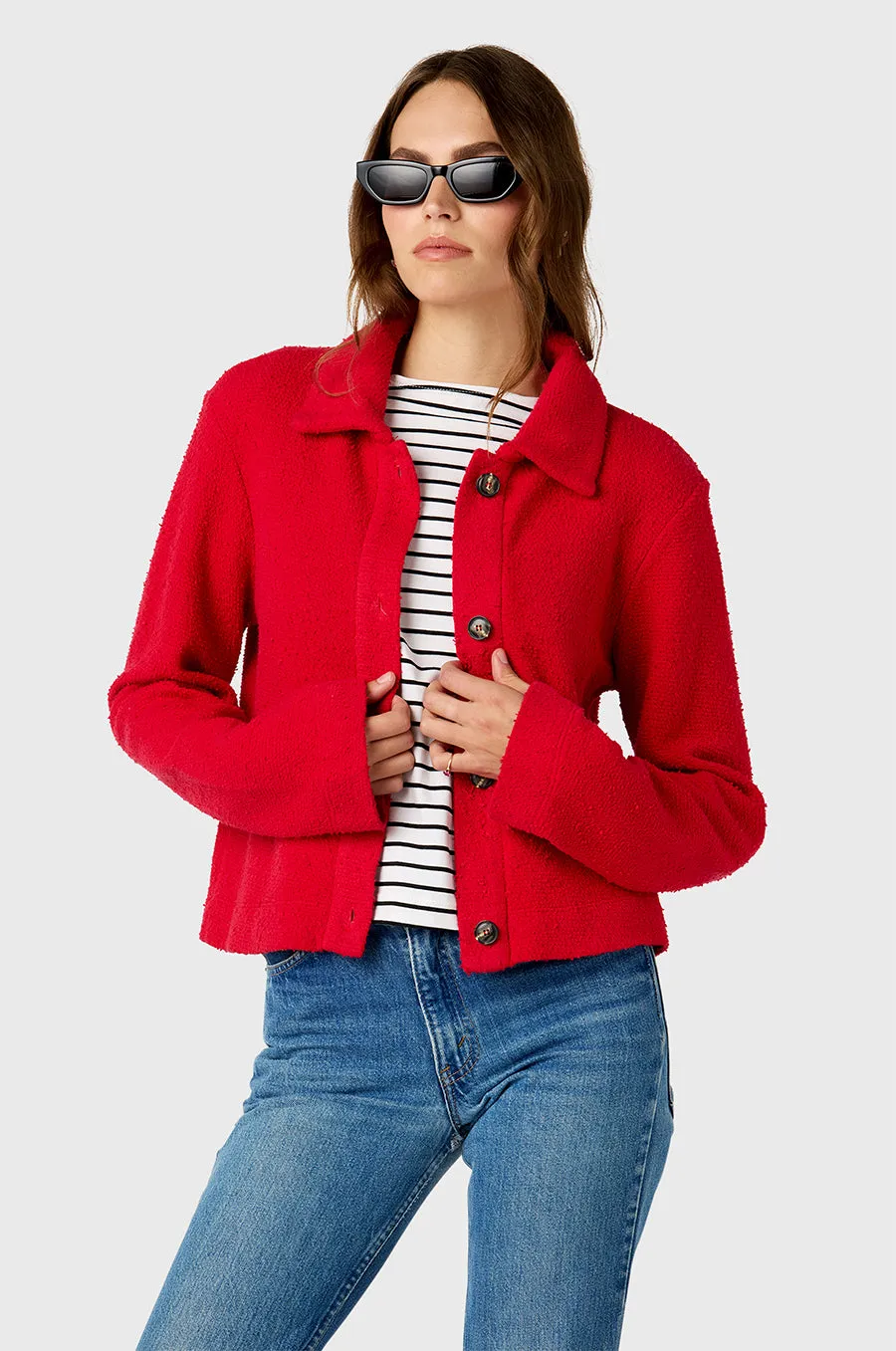 COLLARED CARDI IN RED BOUCLé