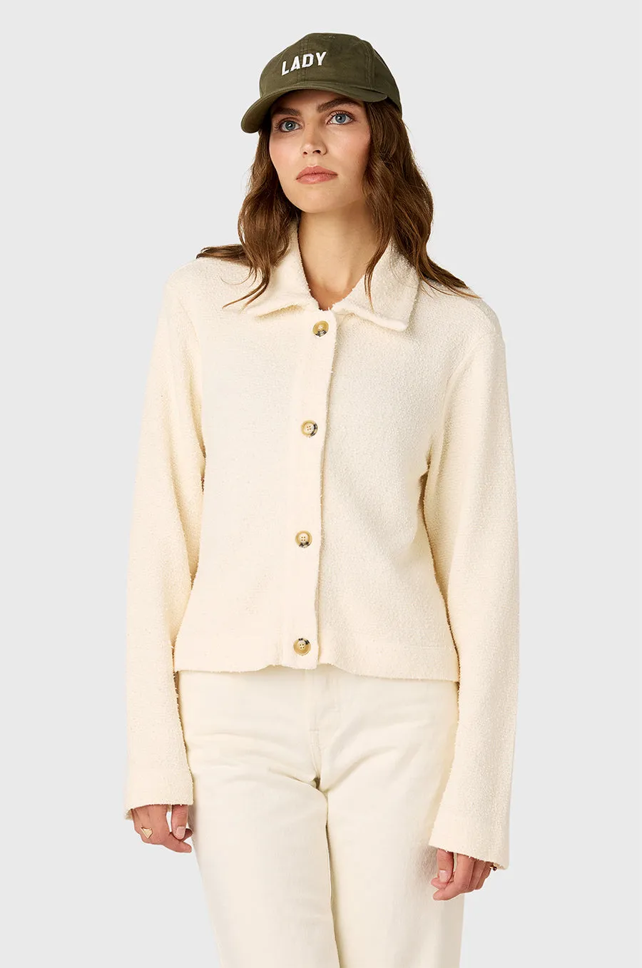 COLLARED CARDI IN VANILLA BOUCLé