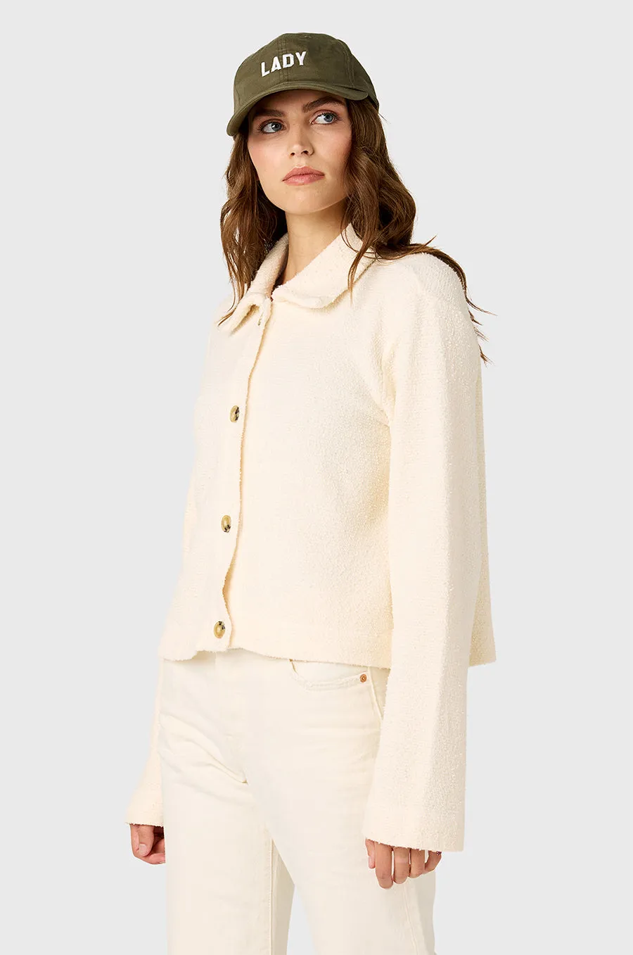COLLARED CARDI IN VANILLA BOUCLé