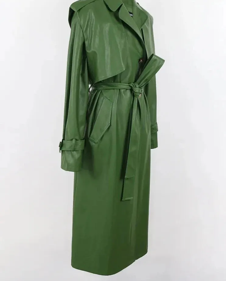 Cool Green Leather Trench Coat