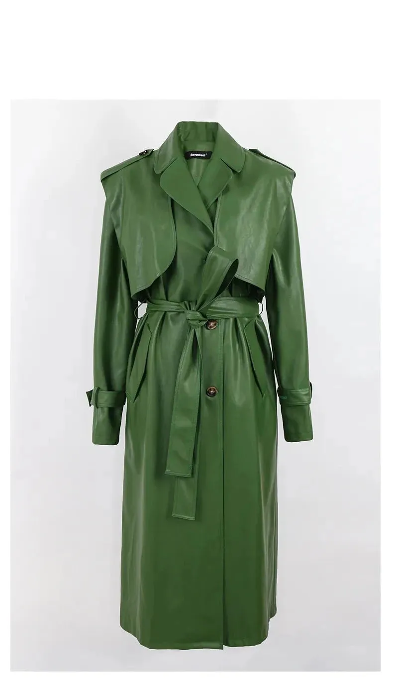 Cool Green Leather Trench Coat