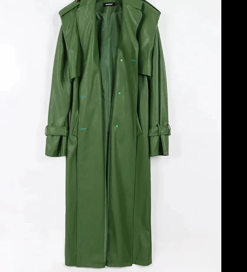 Cool Green Leather Trench Coat