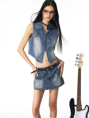 Denim Faded Cool Casual Gilet＆Mini-Skirt