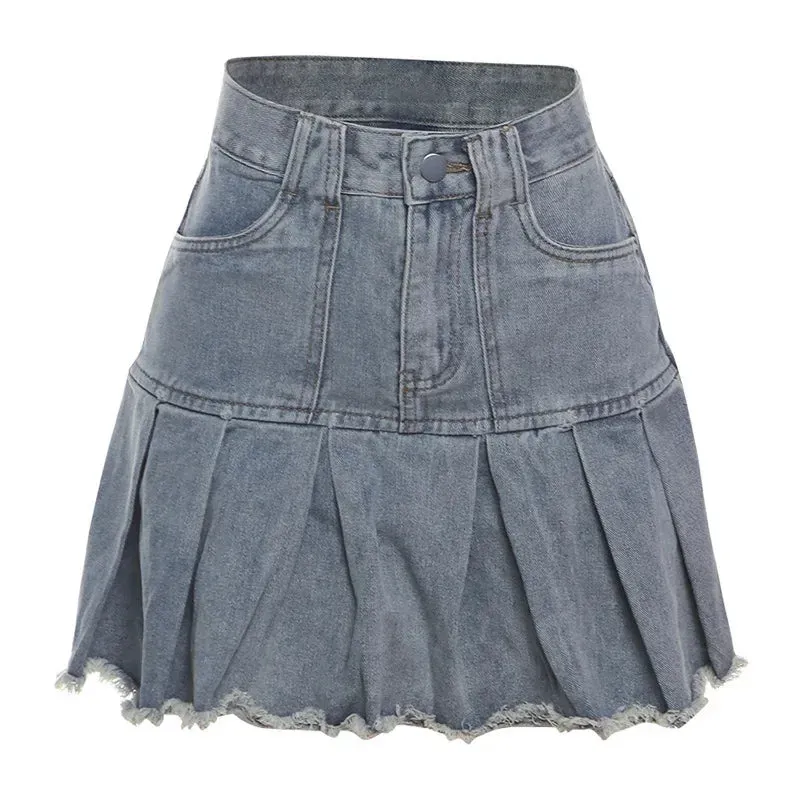 Denim High Waisted Mini Pleated Skirts Vintage Y2k 2000s Teen Girl Clothes Blue Jean Skirt P71-BI42
