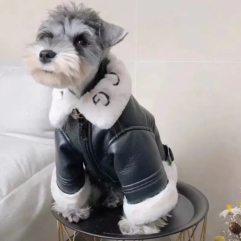 Dog Fashion Winter Clothing Thickened Trendy Brand Fur Integrated Motorcycle Jacket Small Dog Teddy Bomy Cat