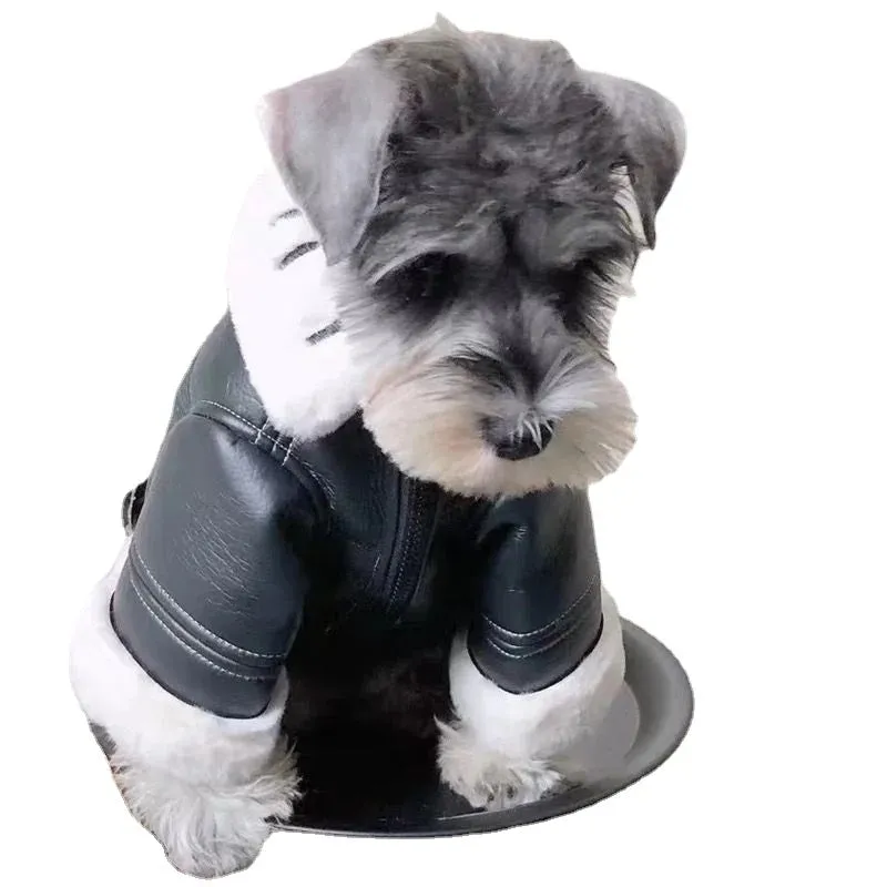 Dog Fashion Winter Clothing Thickened Trendy Brand Fur Integrated Motorcycle Jacket Small Dog Teddy Bomy Cat