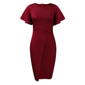 Elegant Crew Neck Short Flared Sleeve Button Trim Pencil Midi Dress