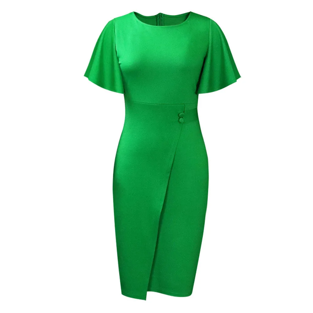 Elegant Crew Neck Short Flared Sleeve Button Trim Pencil Midi Dress