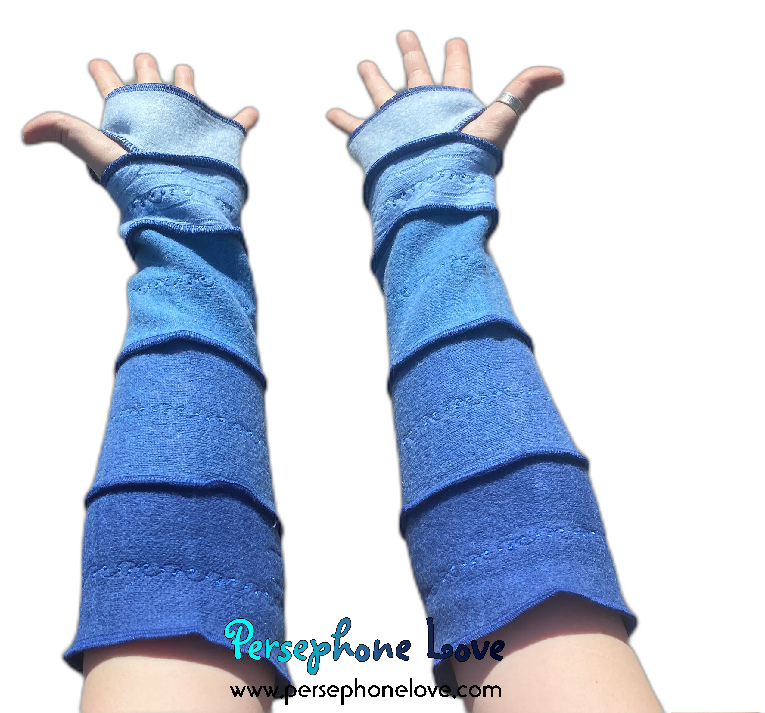 Katwise inspired needle-felted blue 100% cashmere upcycled sweater arm warmers -1506