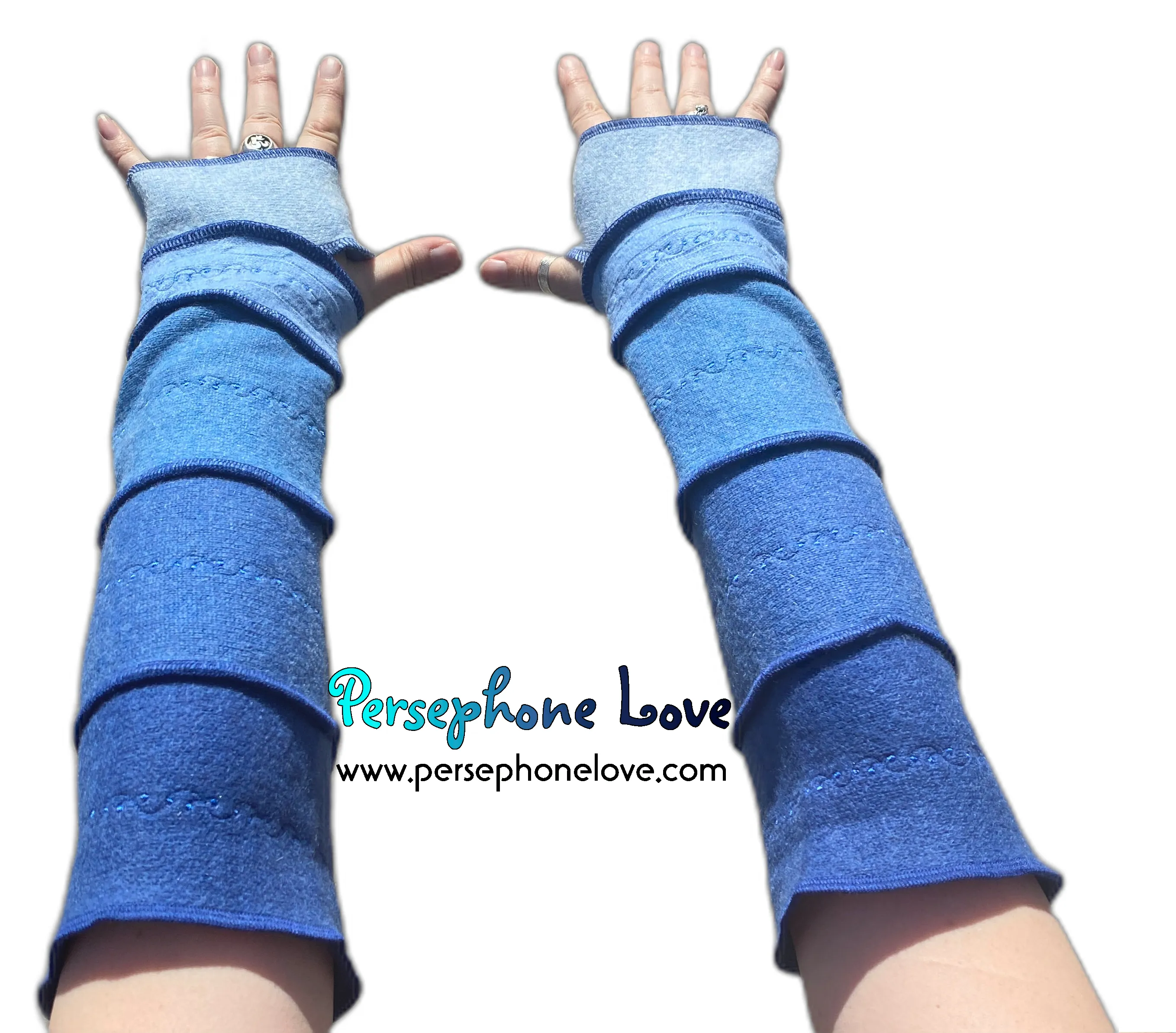 Katwise inspired needle-felted blue 100% cashmere upcycled sweater arm warmers -1506