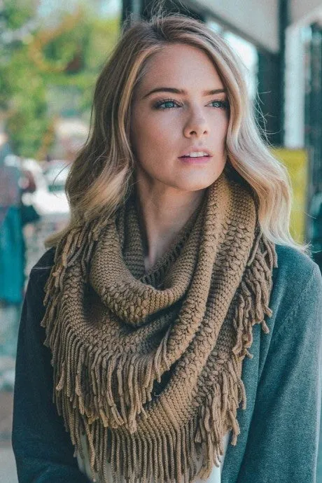 Knit Wrap Infinity Scarf With Fringe