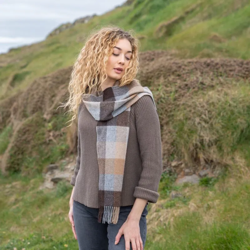 Lambswool Scarf - Beige, Brown and Grey Herringbone Block - John Hanly