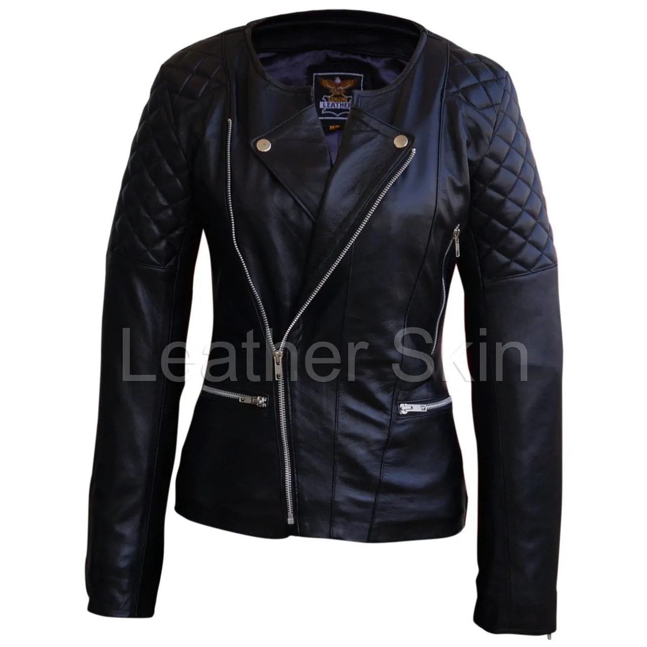 Leather Skin Women Black Brando Quilted Padded Genuine Leather Jacket