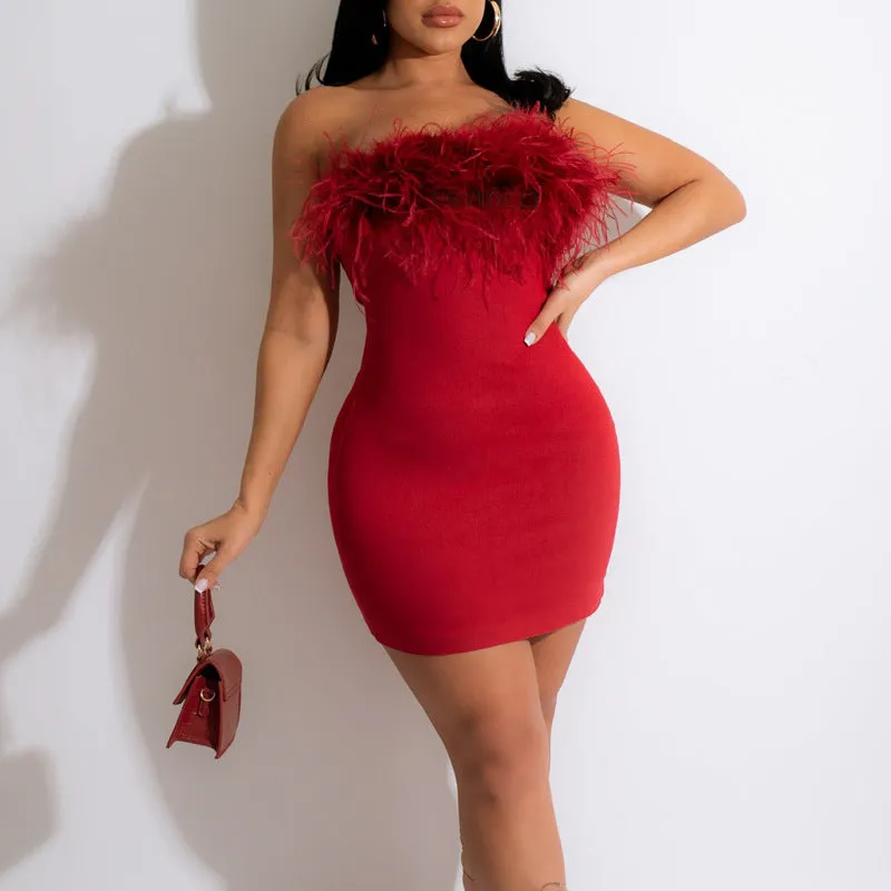Nukty-shop birthday outfit Women's Fur Dress Sleeveless Sexy Backless Wrapped Chest Slim Skirt Hip Skirt