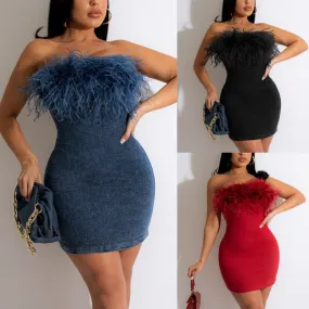 Nukty-shop birthday outfit Women's Fur Dress Sleeveless Sexy Backless Wrapped Chest Slim Skirt Hip Skirt