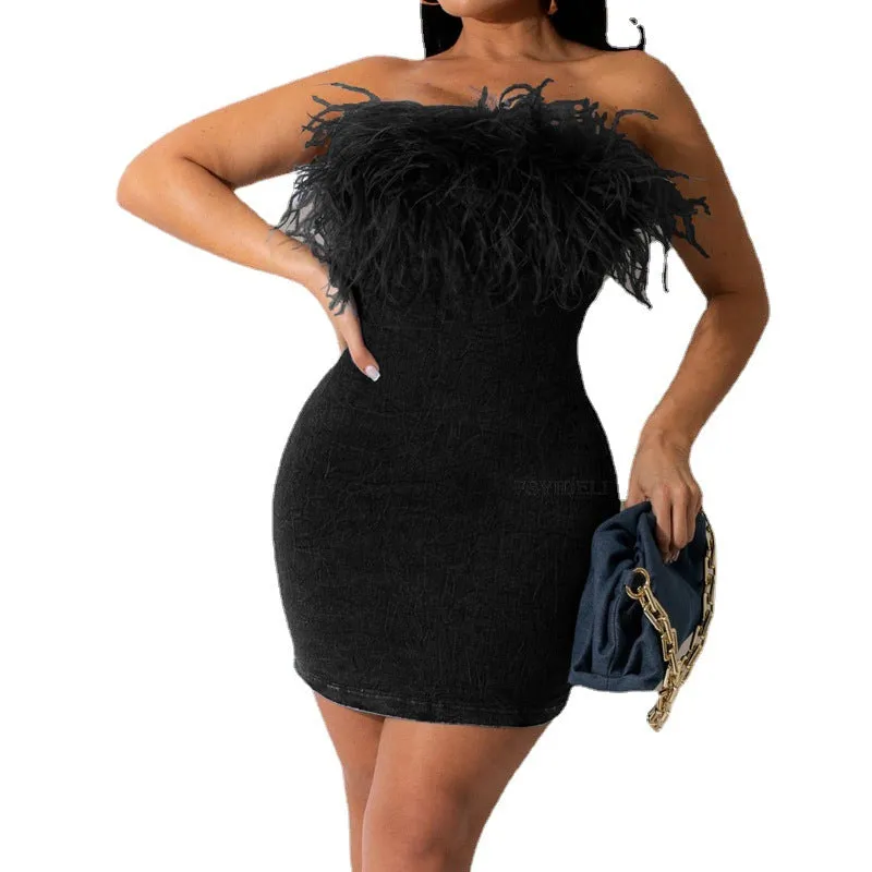Nukty-shop birthday outfit Women's Fur Dress Sleeveless Sexy Backless Wrapped Chest Slim Skirt Hip Skirt