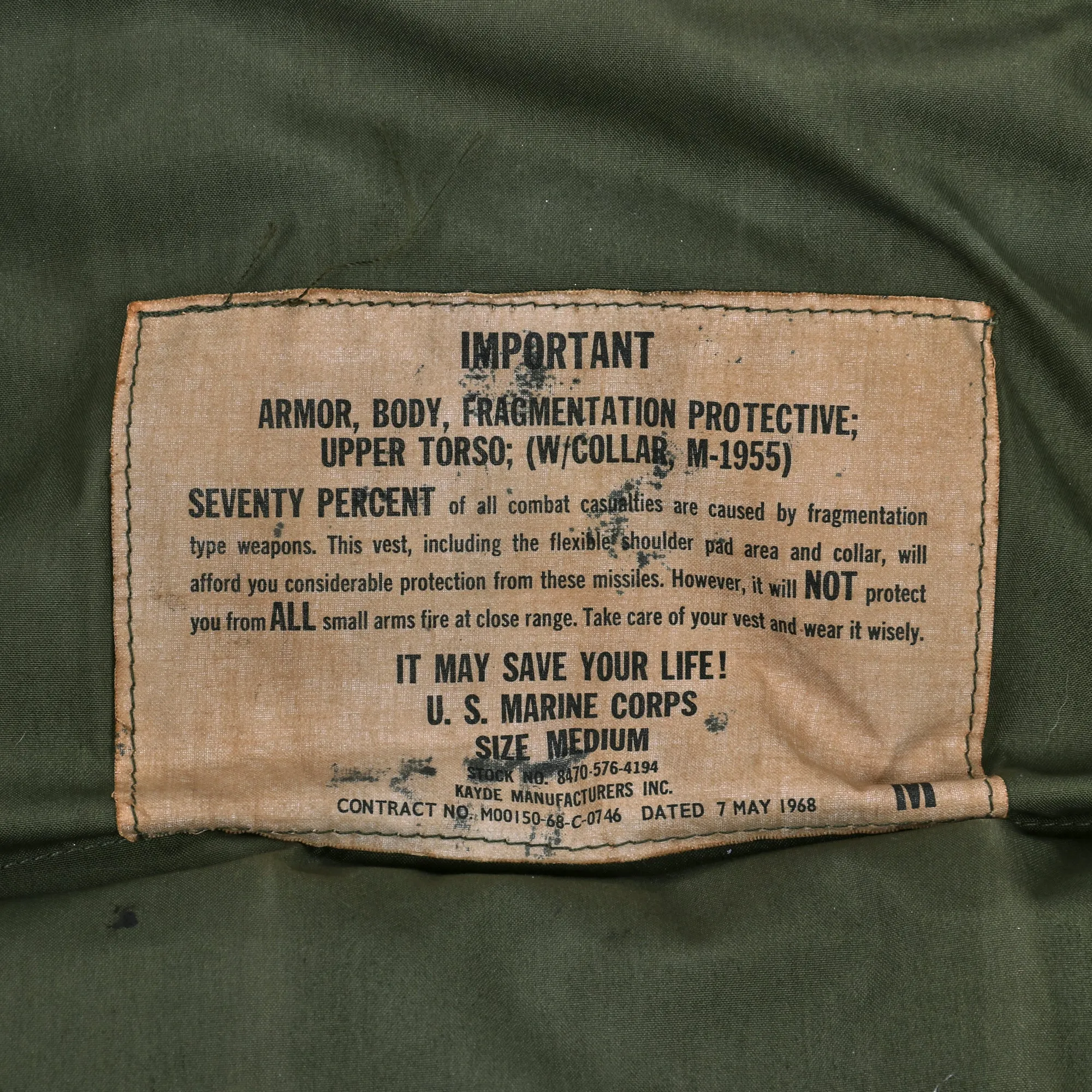 Original U.S. Vietnam War U.S.M.C. M-1955 Flak Body Armor Vest Unit Marked For Marine Air Control Group, Marine Air Support Squadron 1 - Size Medium