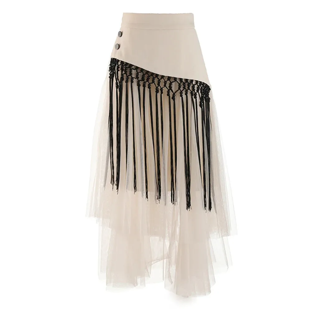 Patchwork Tassels Mesh Skirt For Women High Waist A Line Casual Midi Skirts Female Summer Clothing Style